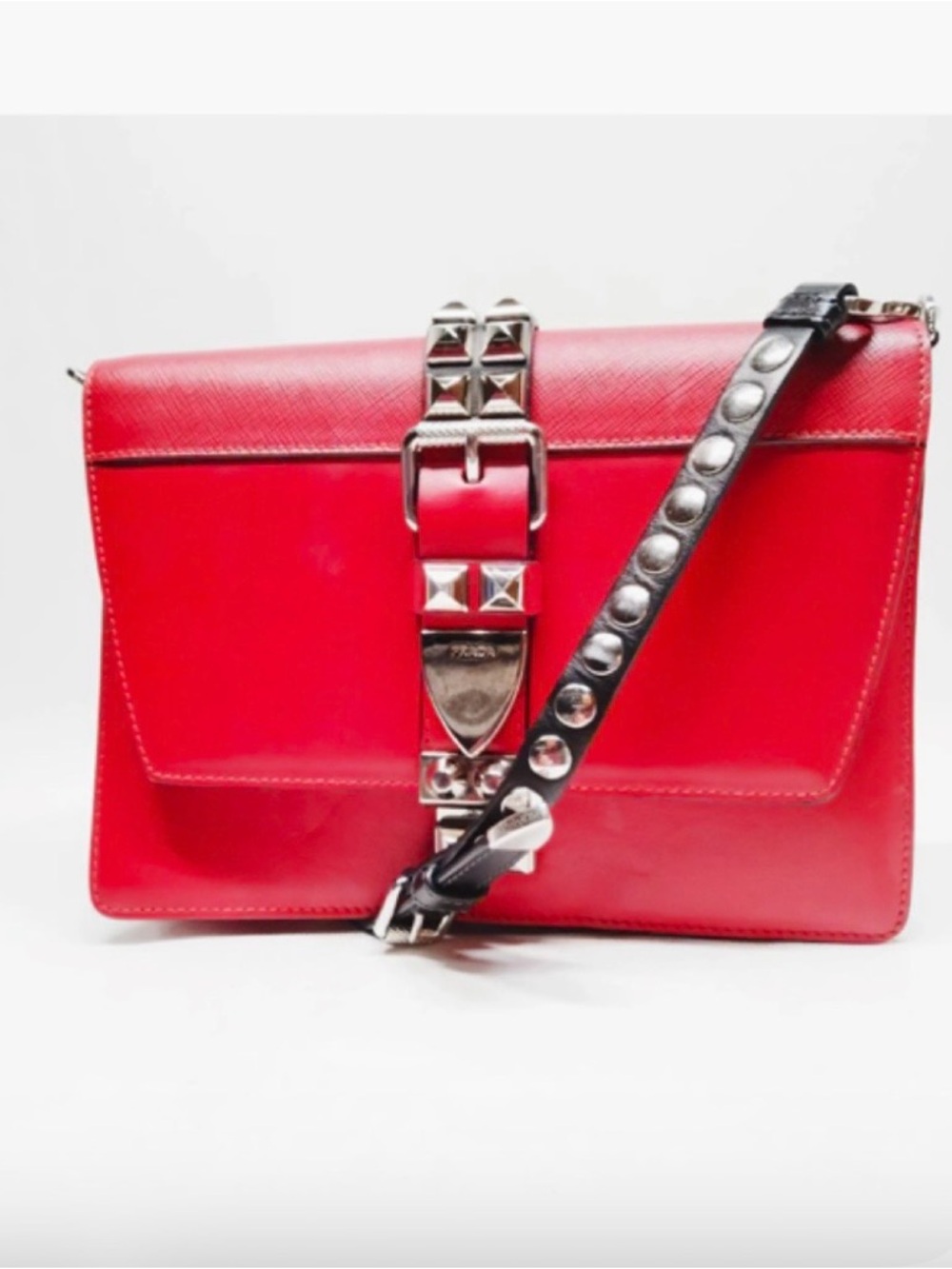 Prada Red Leather Crossbody with Electra Studs Removable Black Strap X